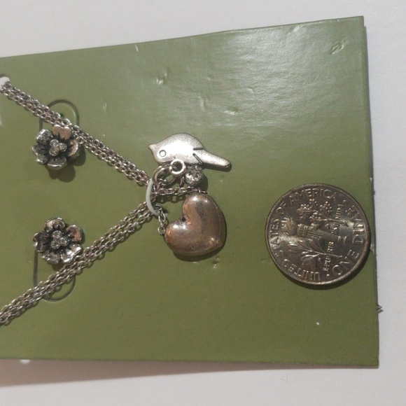 Silver Tone Heart Bird Charm Necklace & Flower Stud Earrings, Women’s Jewelry - Picture 7 of 8